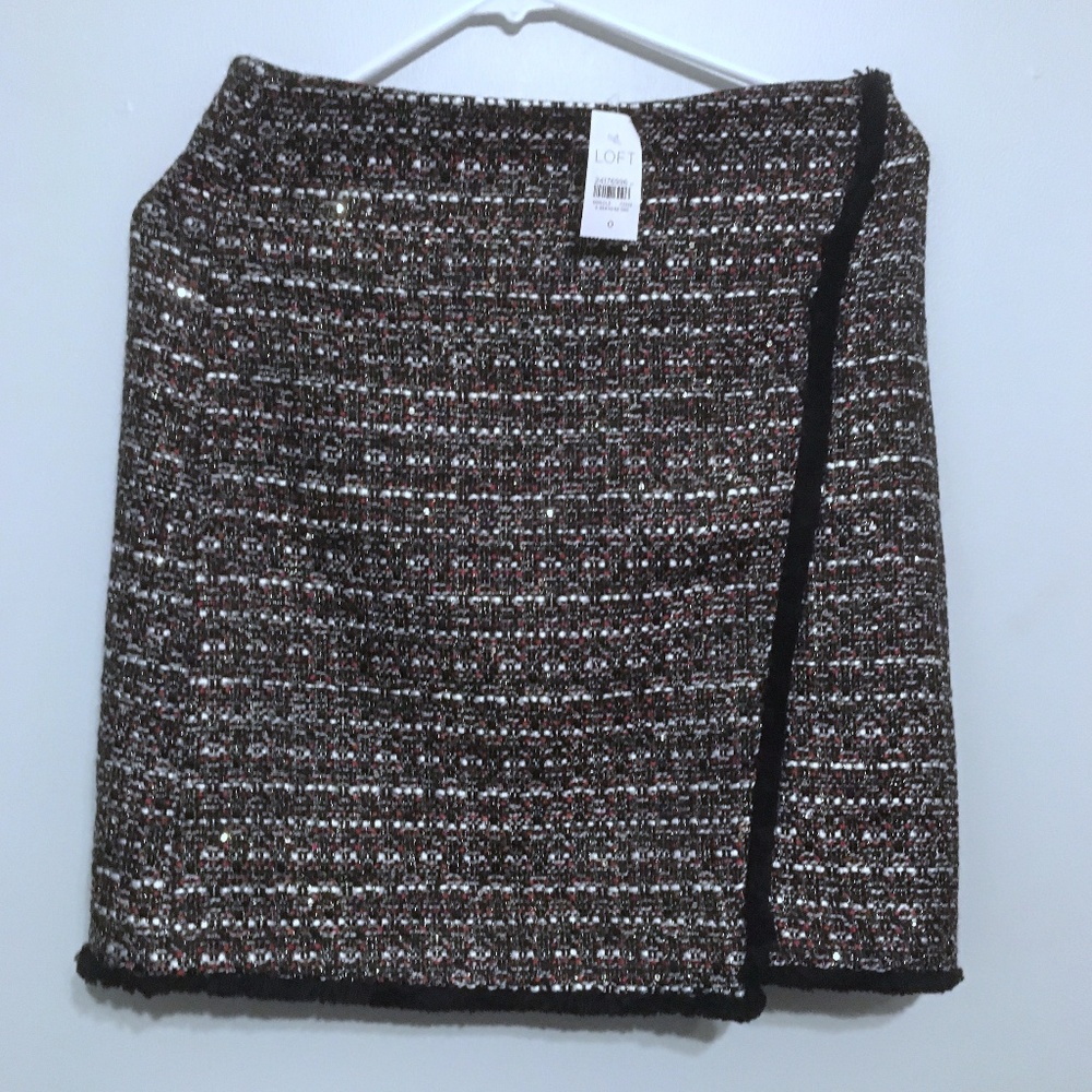 LOFT Black Fringe Tweed Wrap Skirt